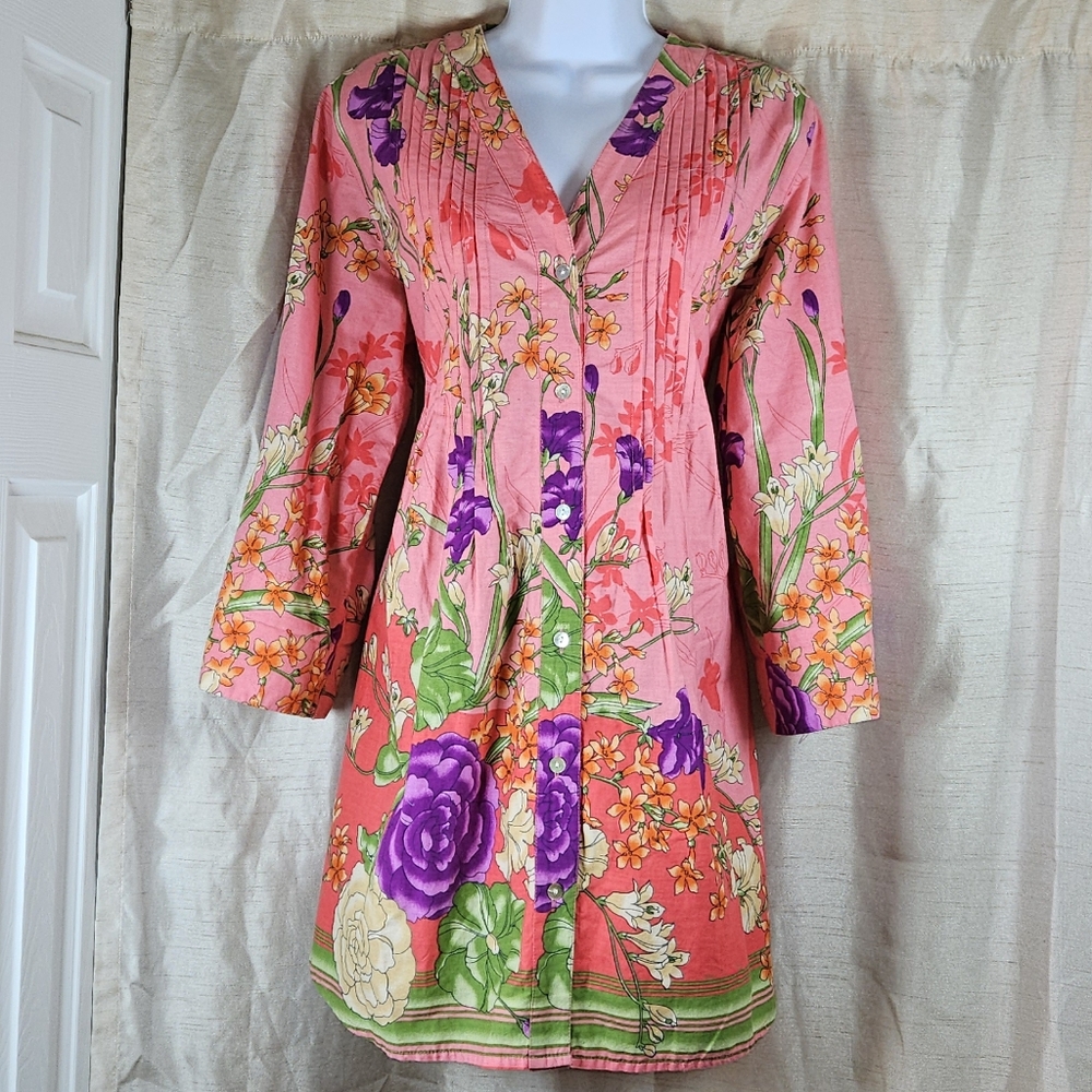 Soft Surrounding pink purple green floral tunic blouse top Womens Medium - Picture 5 of 9